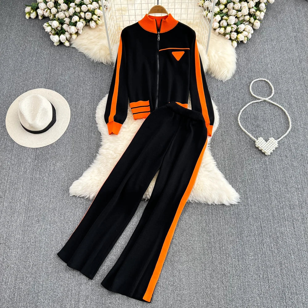 Fashionable Knitted Sportswear Set Open Cardigan & Wide Leg Pants Two Piece Set