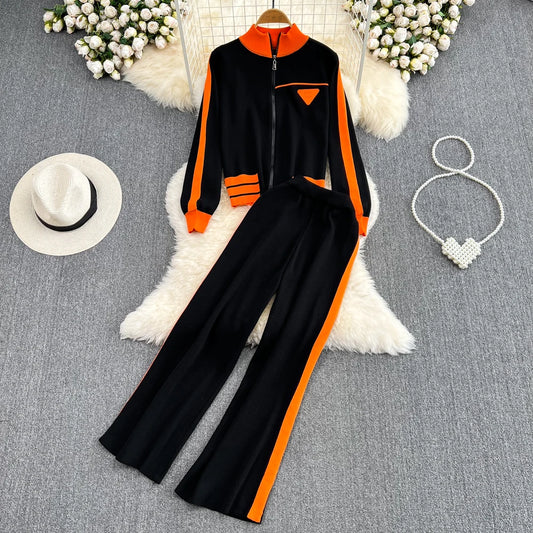Fashionable Knitted Sportswear Set Open Cardigan & Wide Leg Pants Two Piece Set