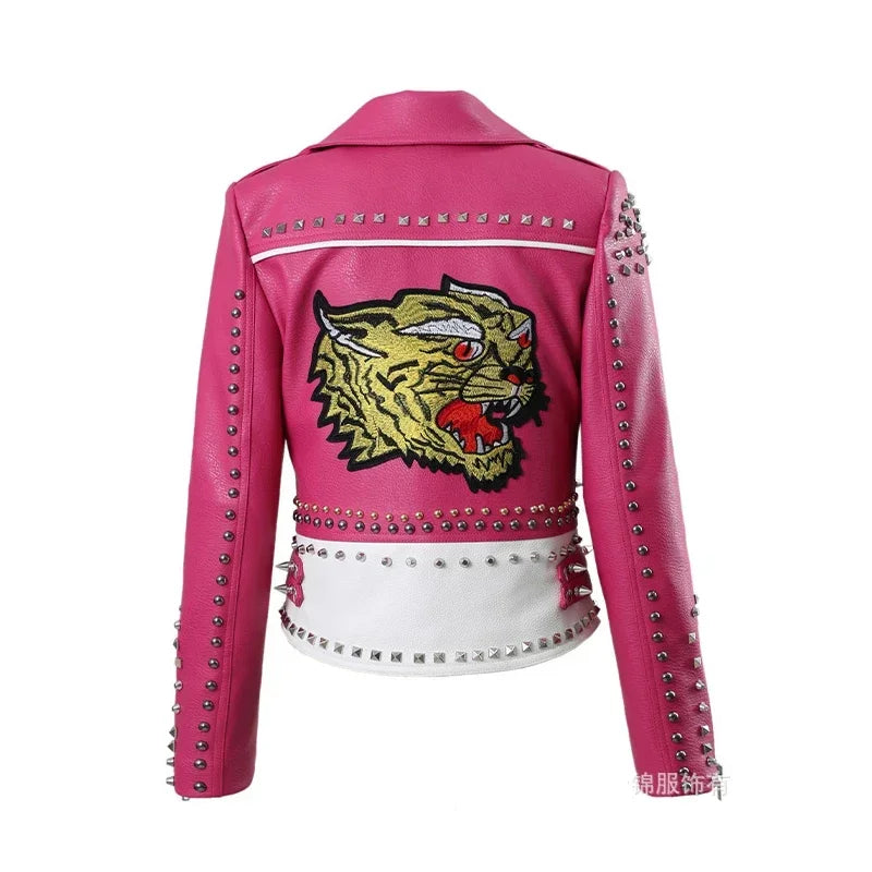 Punk Studded Motorcycle Women Faux Leather Embroidered Jacket