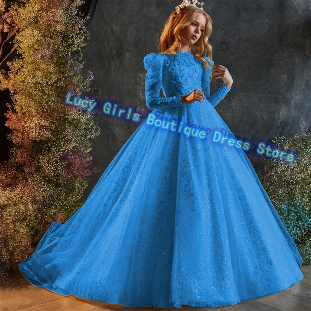 Luxury Sequins Flower Girl Dress For Wedding Party Baptism Birthday Gowns Tulle High Neck