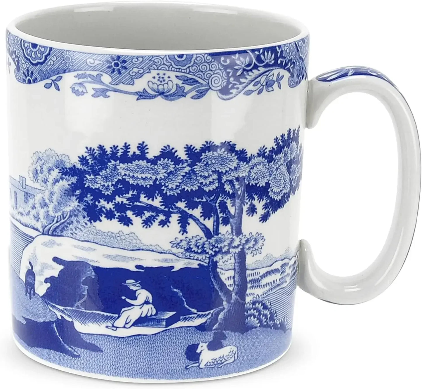 Blue Italian 16oz Jumbo Cup - Scenic Motif & Decorative Border - Elegant Hot Beverage Mug for Tea, Coffee - Brunch Table Drinkwa