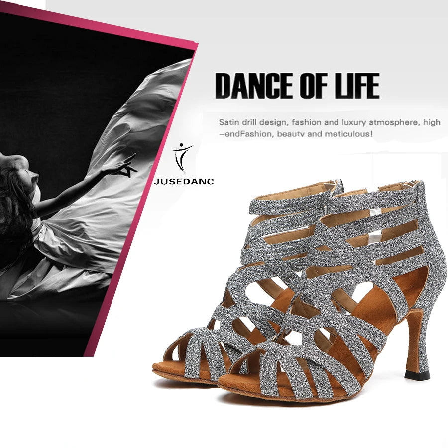 Dance Shoes Latin Gold Sandals For Women Cross straps Comfortable Low heel Square Samba Shoes