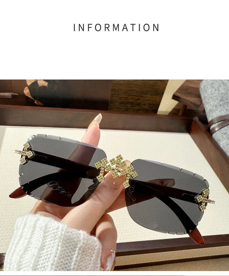 Vintage Rimless Square Cutting Lens Women Men Luxury Brand Designer Sunglasses Popular Punk Diamond Cross Sun Glasses UV400