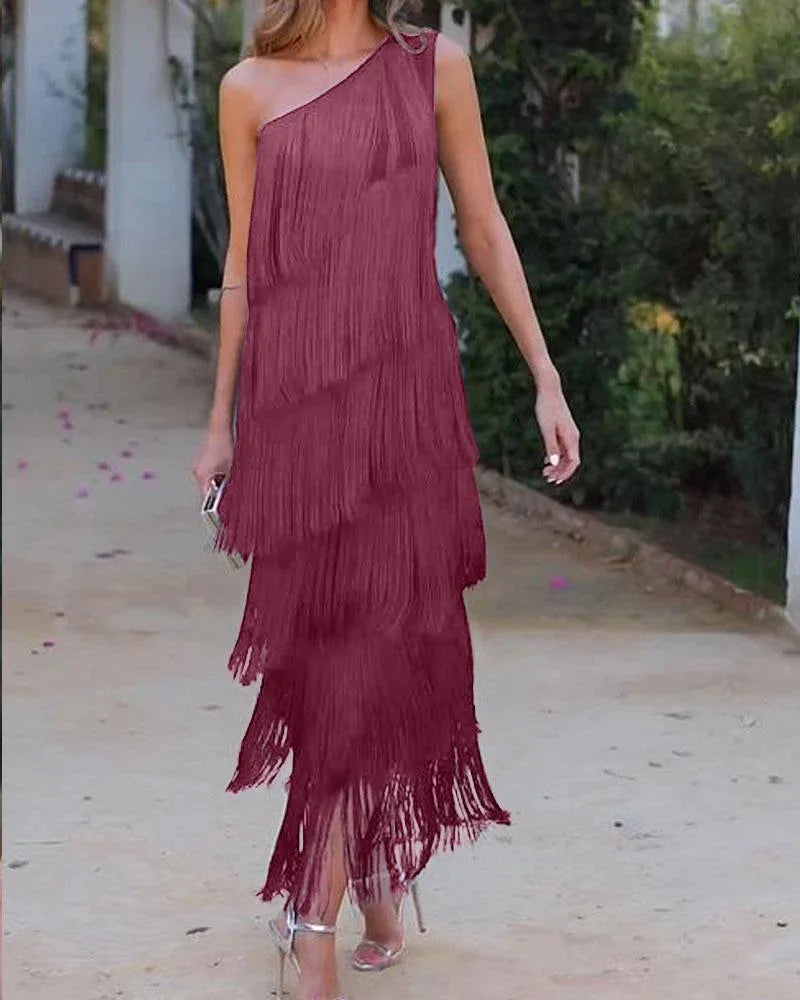 Spring and Summer Women's Fashion Fringed One Shoulder Asymmetrical Dress