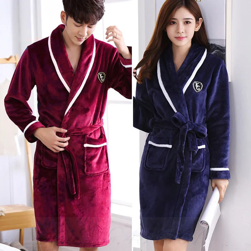 Thicken Warm Flannel Couple Robe Lounge Wear Winter Kimono Bathrobe Gown Sleepwear
