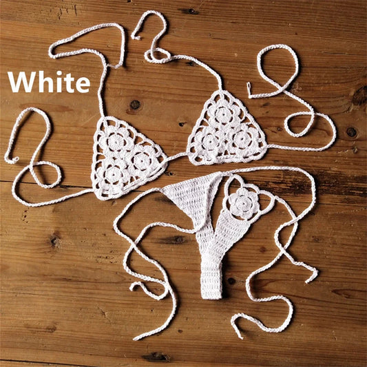 Women Sexy Handmade Bikini Sets Crochet Flower Solid Color Lace Thong String Swimwear Sunbathing Swimsuit Beach Wear Lace-up