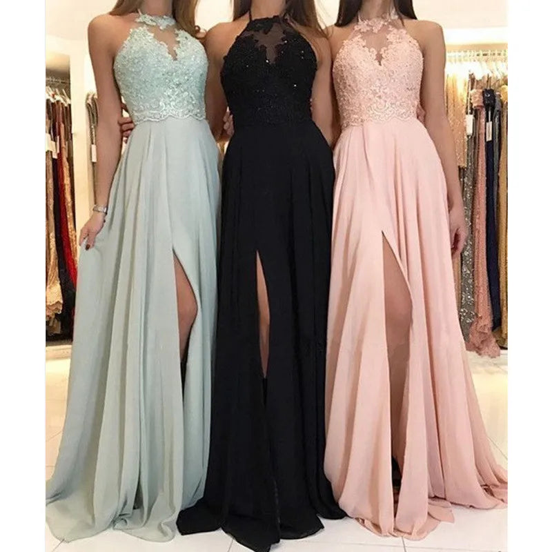 Sexy Halter Lace Floral Sleeveless High Waist Evening Long Dresses Gown