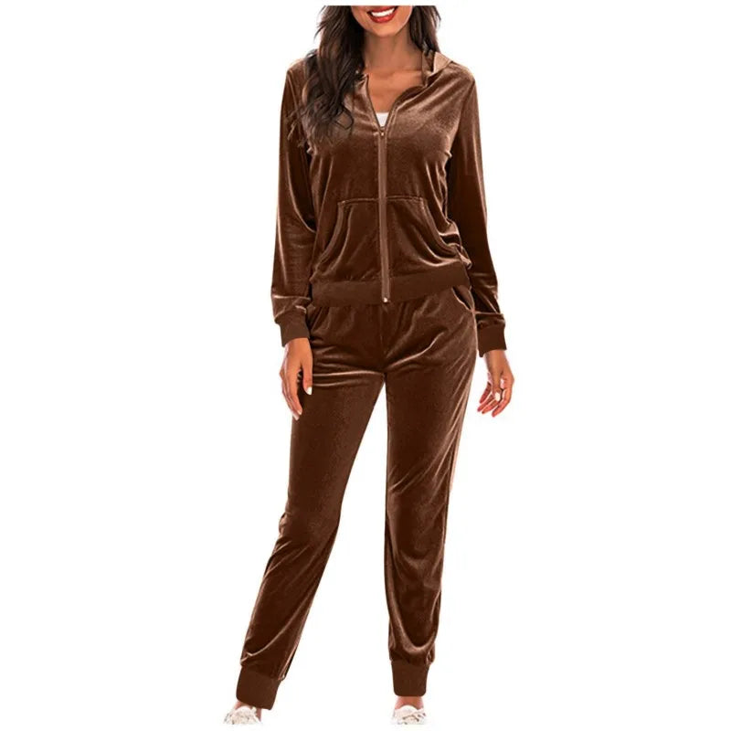 Women Spring Velvet Tracksuit 2 Piece Sweatshirt Sweatpants Set Full Zip Hoodie