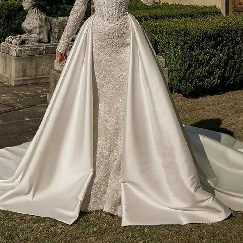 Modern Satin Detachable Long Train Wedding Removable Overskirt For Bridal Dress Customized