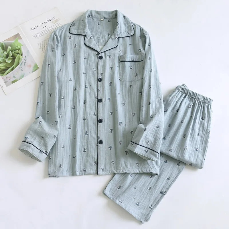 100% Cotton Gauze Men's Pajama Set Breathable Long Sleeve Sleepwear Button Down Loungewear with Nautical Print Soft Homewear
