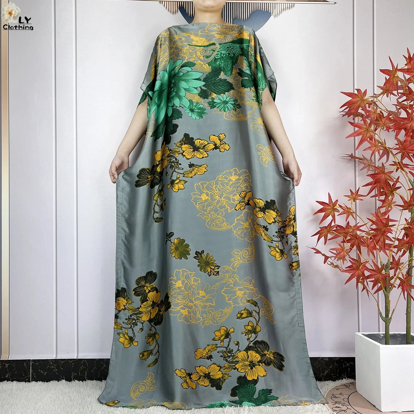 Women Printed Silk Soft Loose Maxi Party Dresses With Belt Turban