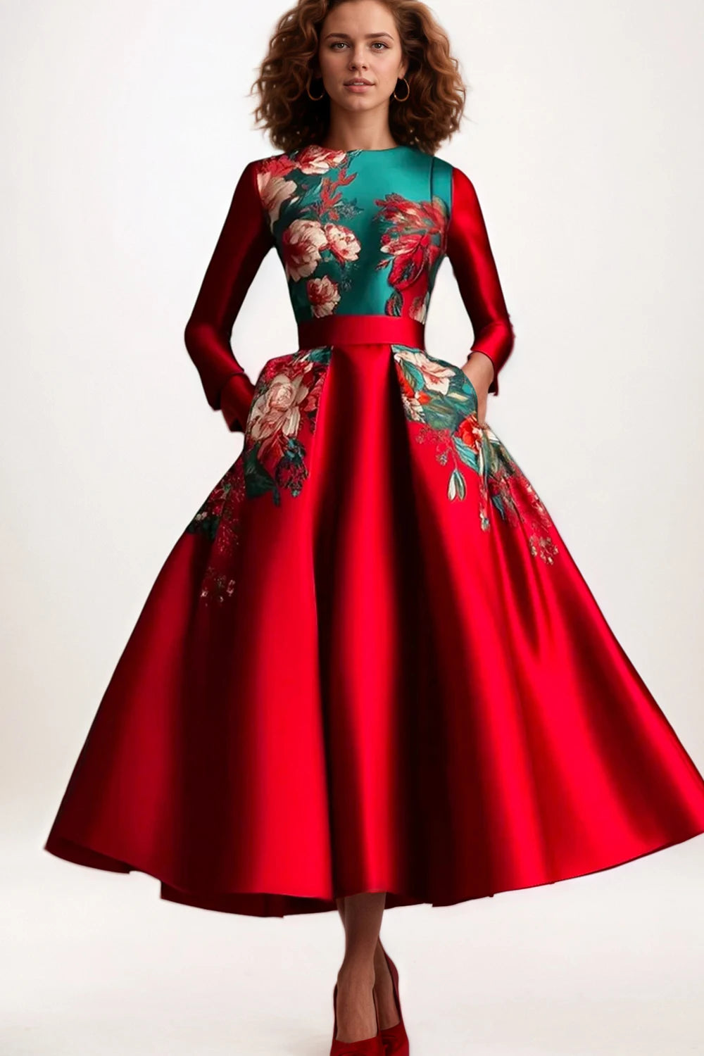 Women Elegant Satin A-Line Long Sleeve Round Neck Floral Printed Pockets Dress