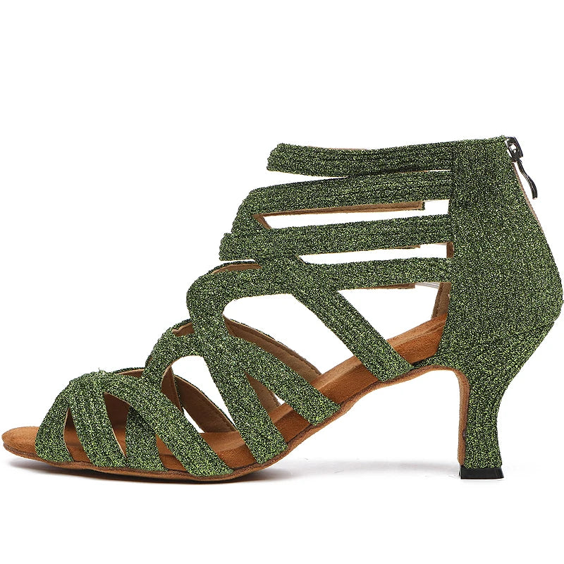 Dance Shoes Latin Gold Sandals For Women Cross straps Comfortable Low heel Square Samba Shoes