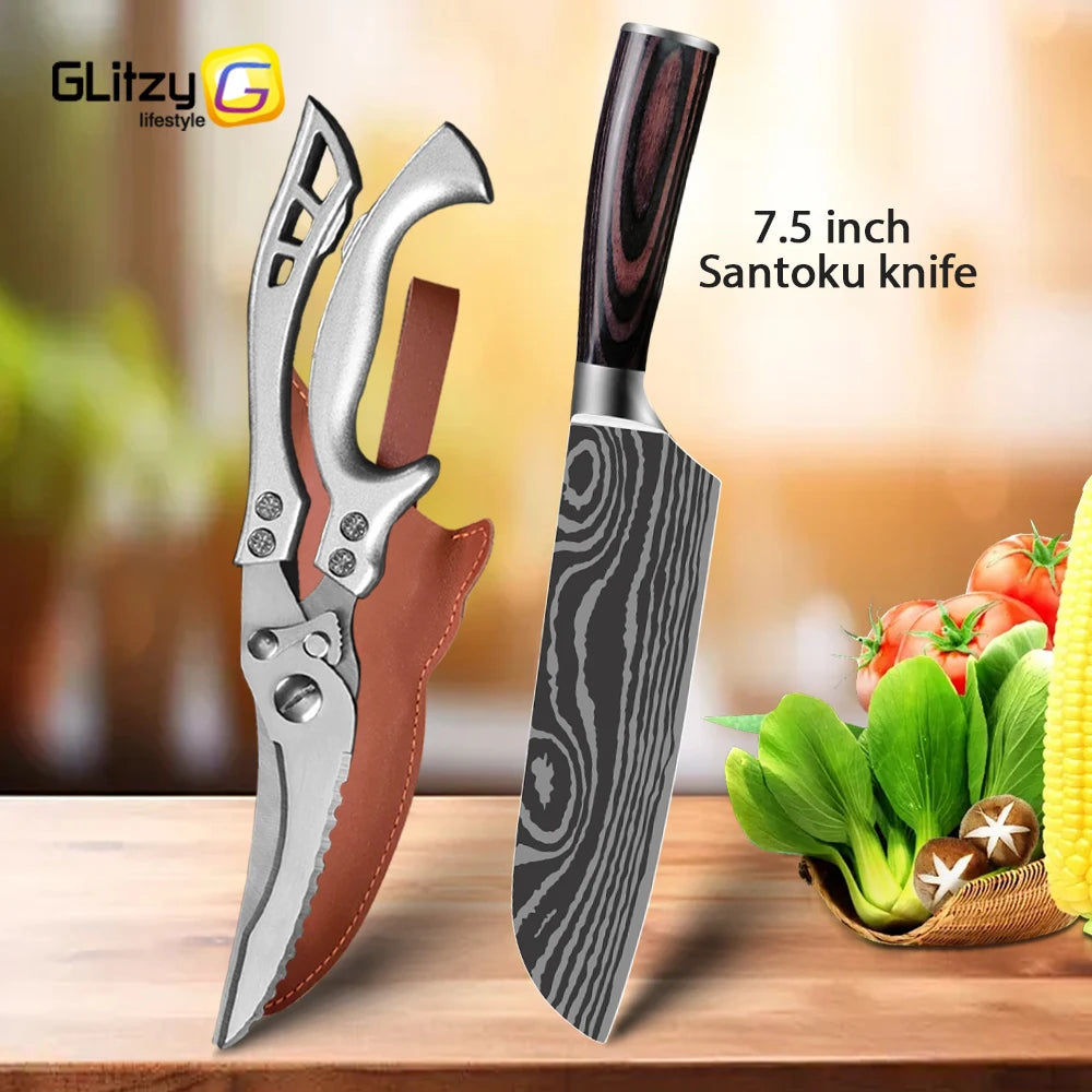 Damascus Laser Steel Kitchen Chef Knives with Shear Cutter and Wooden Handle