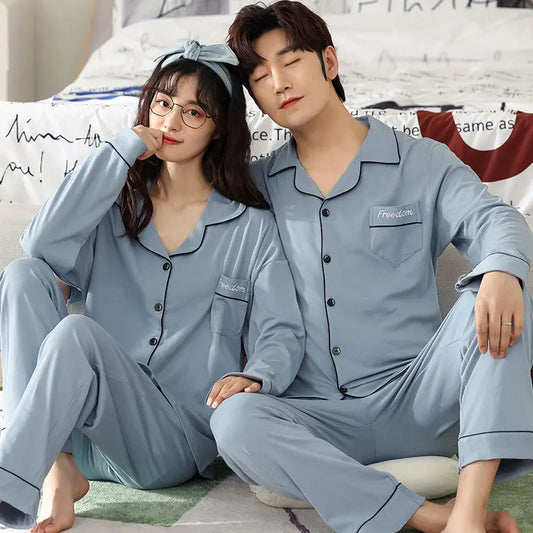 Couple Unisex Spring Cotton Pajama Long-sleeved Nightsleep