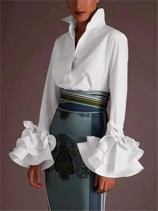 Women Fashion Lapel Long-sleeved Single-breasted Shirt