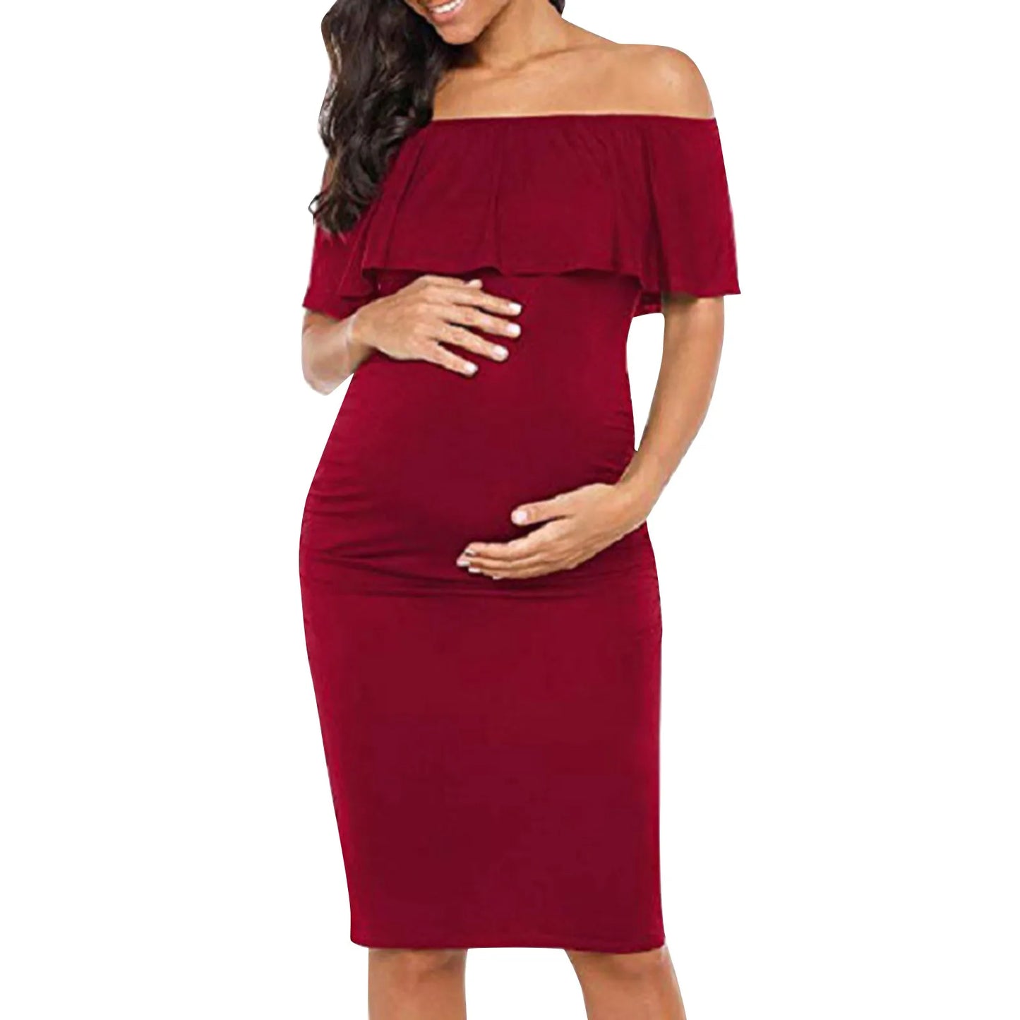 Maternity Dress Short Sleeve Slash Ruffles