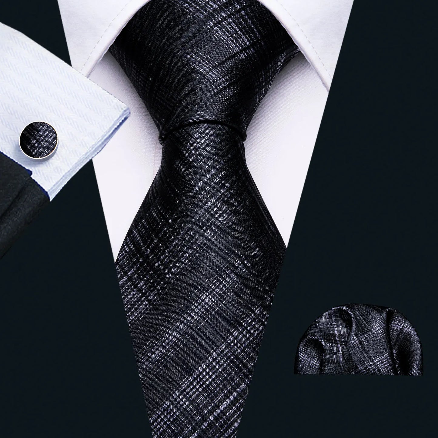 Business Black Silk Ties For Men Classic Solid High Quality Woven Pocket Square Cufflinks Sets Party Formal Designer Barry Wang