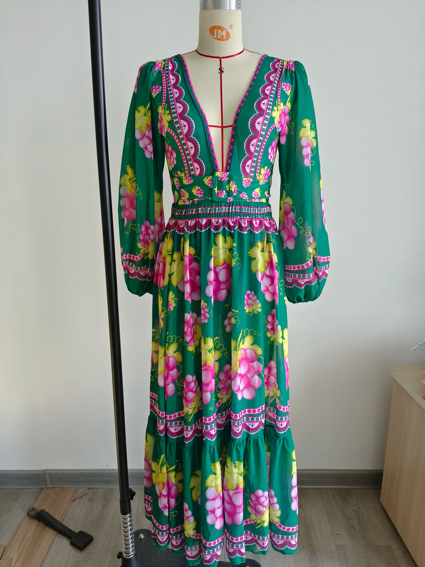 Swimwear 2PC Cover-up Swimsuit Ruffle Printed Deep V One-piece Kimono Bikini Suit