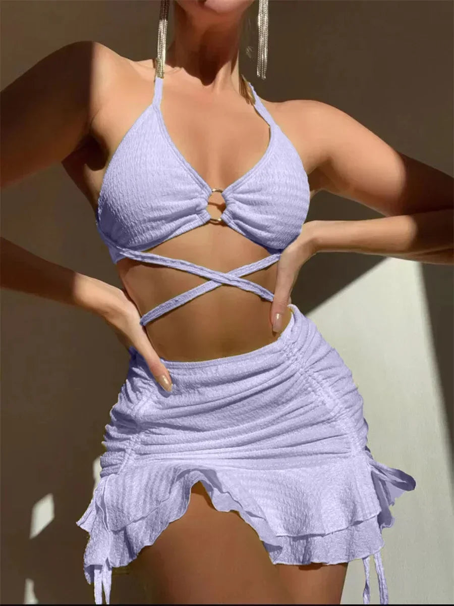 Women's Solid 3 Piece Swimsuit Halter Ring Linked Criss Cross Cover Up Ruffle Skirt