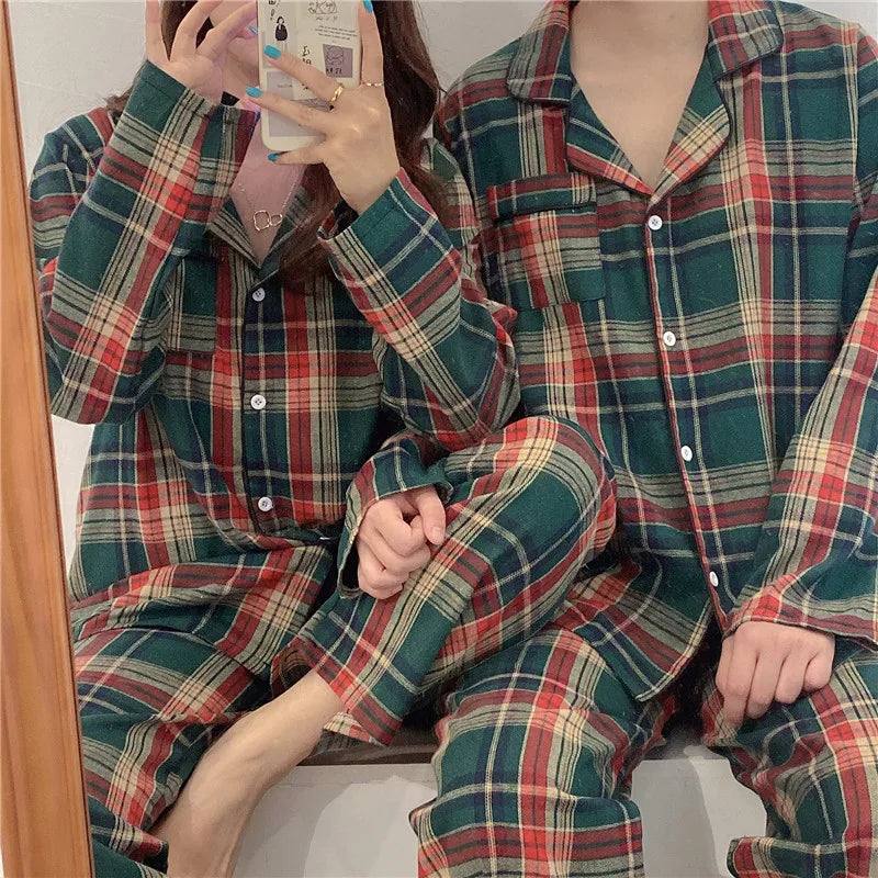Green Christmas Pajamas Couple Pajama Set Simple Plaid Sleepwear Cotton  Autumn Winter Women