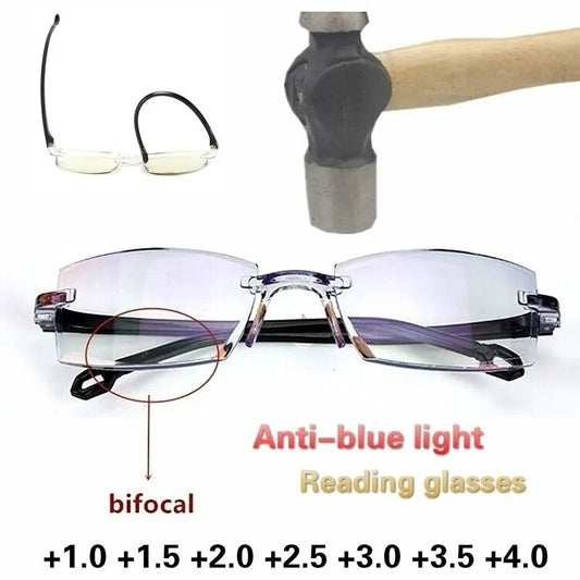 2 Pair Men Women Rimless Reading Glasses Anti Blue Light Bifocal Far Near Magnification Eyewear Presbyopic Glasses +150 +200