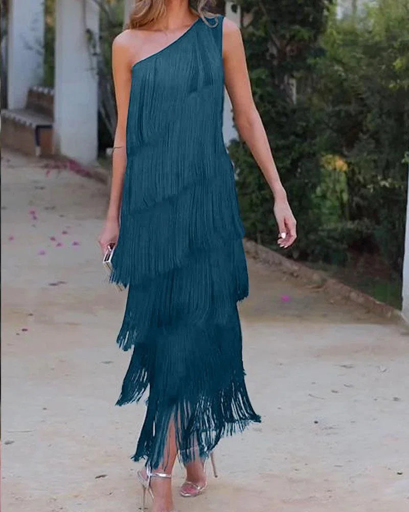 Spring and Summer Women's Fashion Fringed One Shoulder Asymmetrical Dress