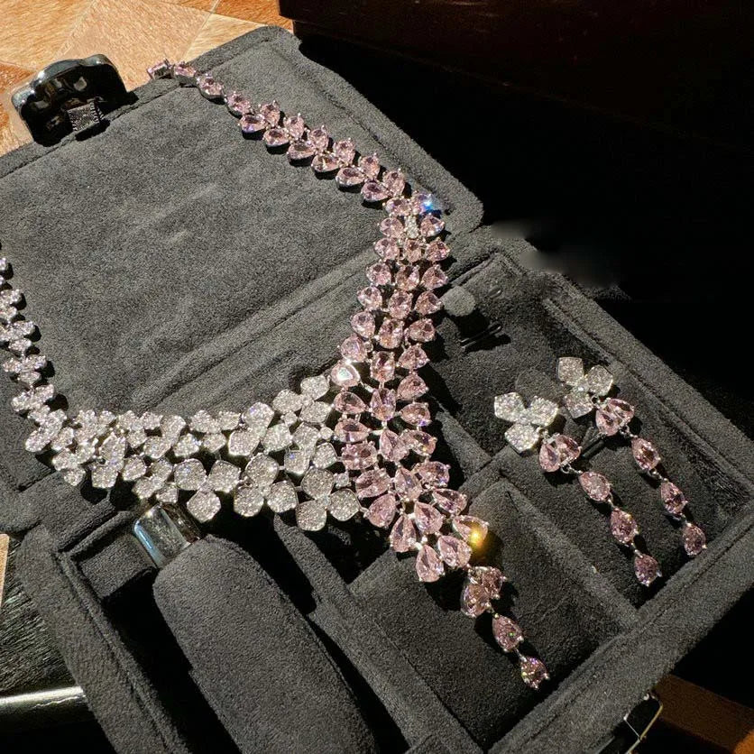 Women Flower Drop Necklace Earring 18K Gold Plated Pink Crown Zirconia