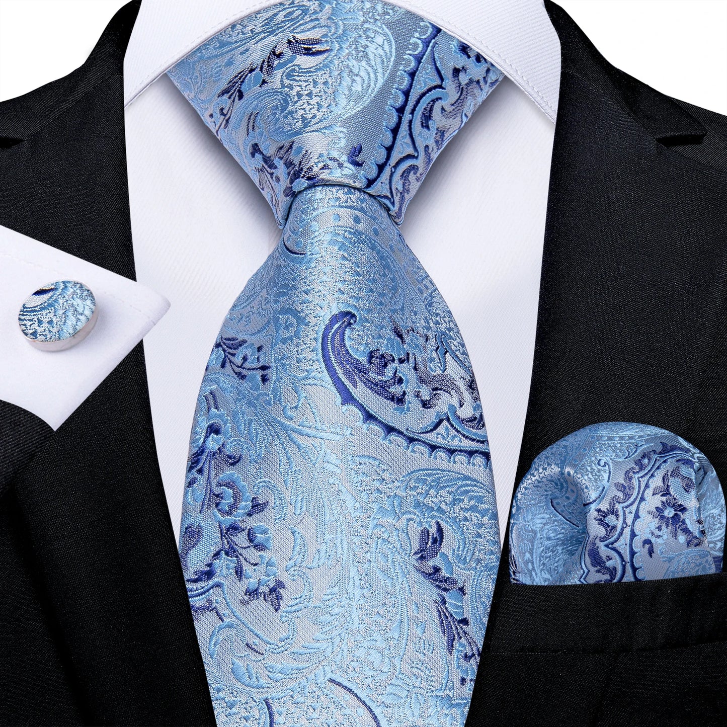 New Classic 100% Silk Men's Ties 8cm Blue Plaid Dot Striped Business Necktie Handkerchief Wedding Party Tie Set
