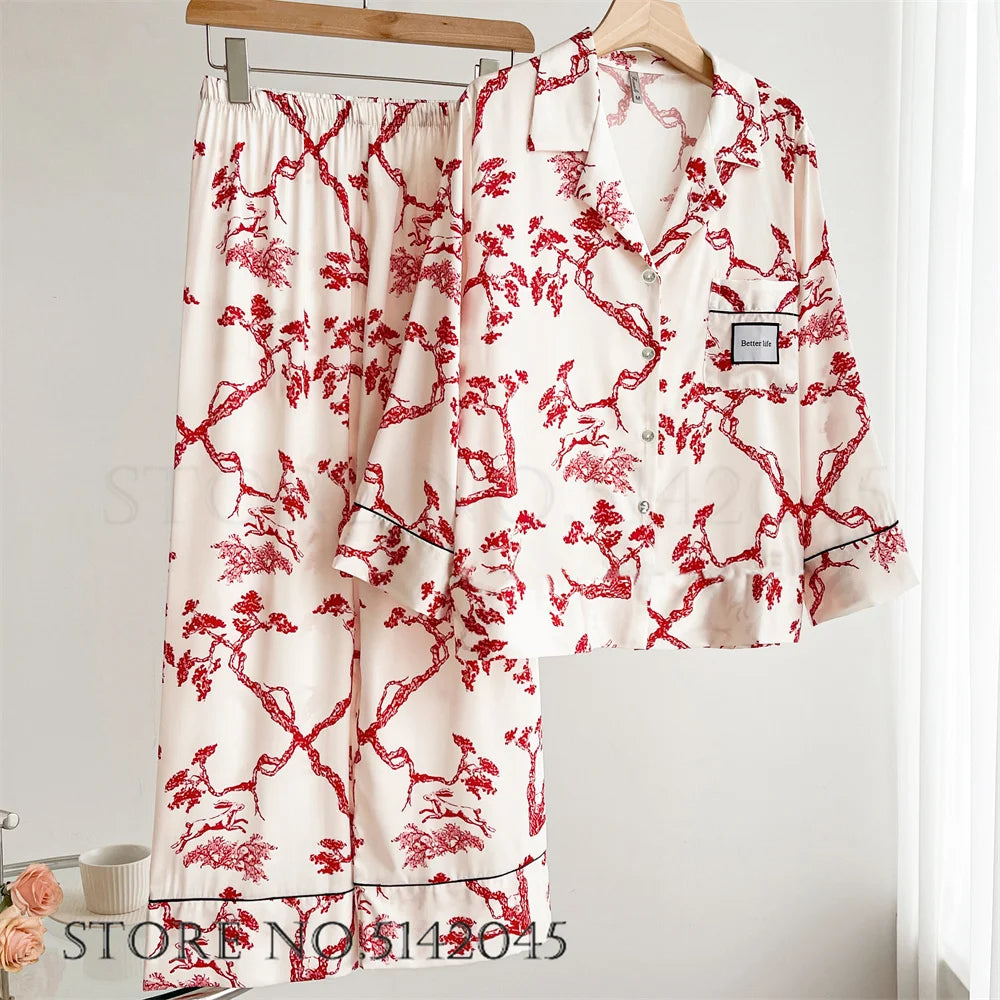 Silk Satin Print Long Sleeve Pajamas Suit Women Sleepwear Set