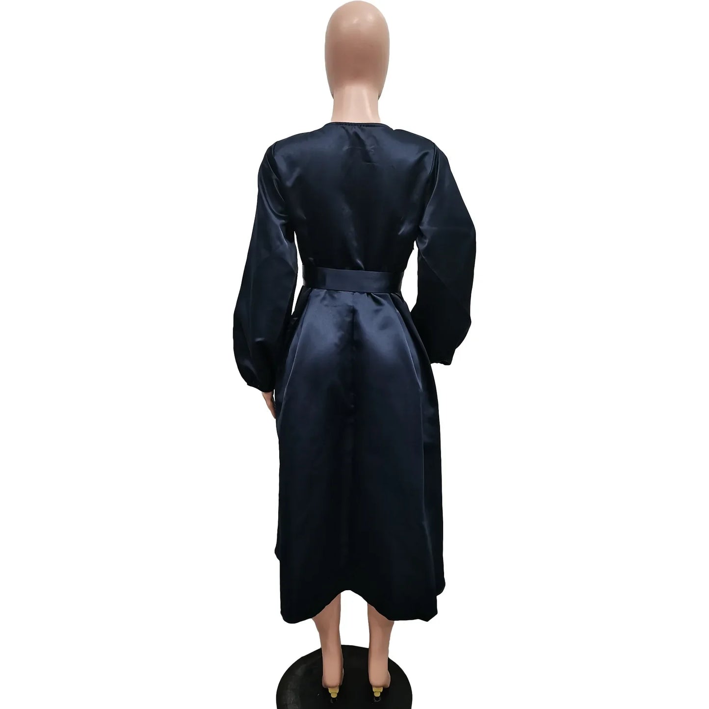 Satin Puff Sleeve Evening Dress for Women Pleated A-Line Round Neck Elegant Party Midi Dress with Belt