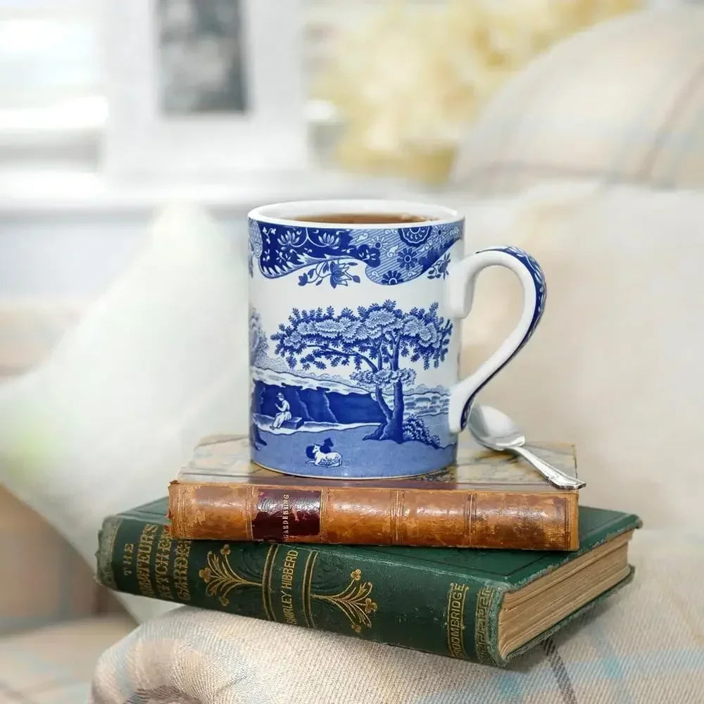 Blue Italian 16oz Jumbo Cup - Scenic Motif & Decorative Border - Elegant Hot Beverage Mug for Tea, Coffee - Brunch Table Drinkwa