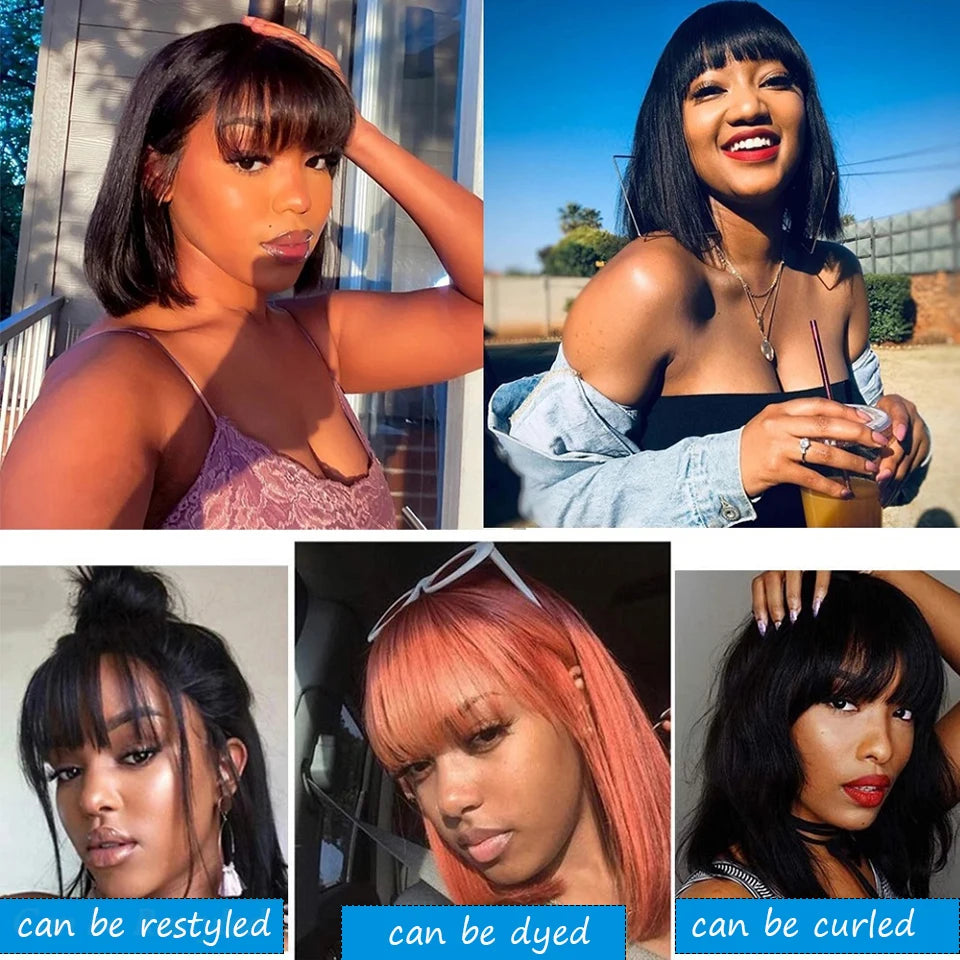 Brazilian Human Hair Wig with Bangs Straight Hair Women 8-16 Inches No Lace Bob Wigs