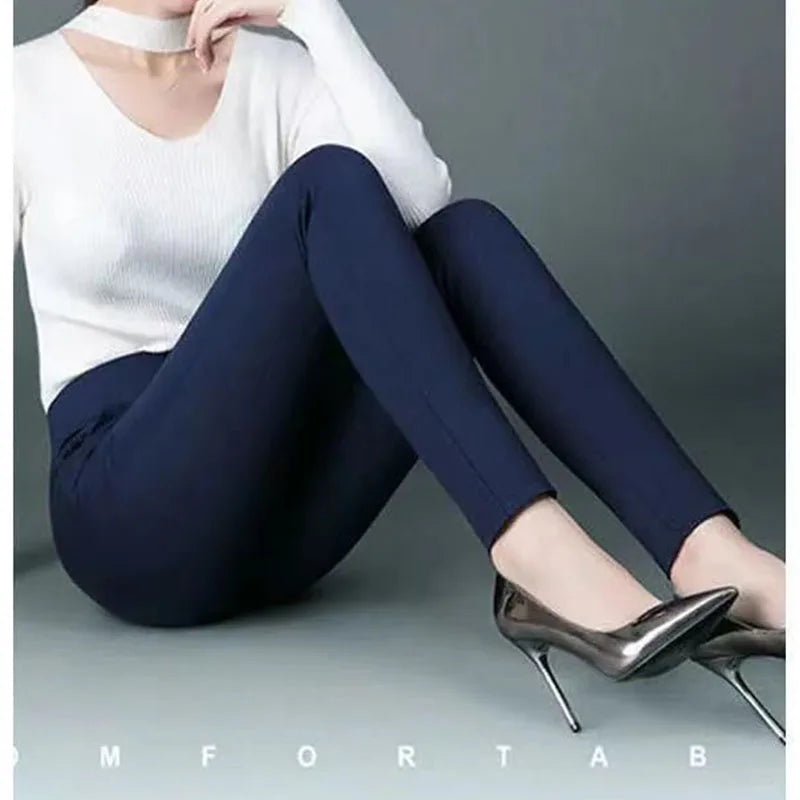 Women Slim Pencil Pants Spring Autumn High Waist Elastic Pockets Solid Elegant