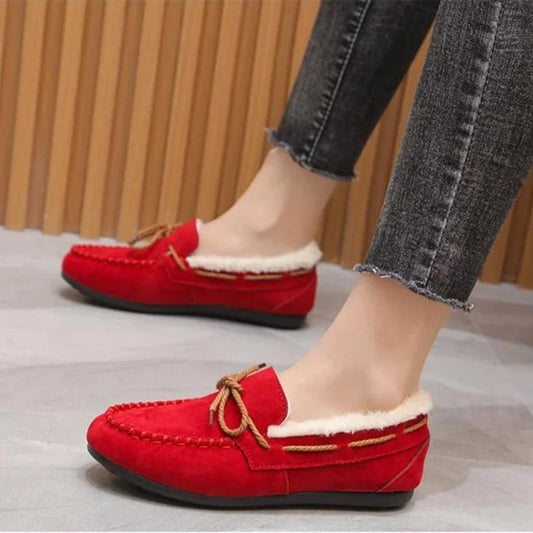 Women's Moccasins Soft Loafers Comfort Warm Plush Bow Slip on Cotton Shoes