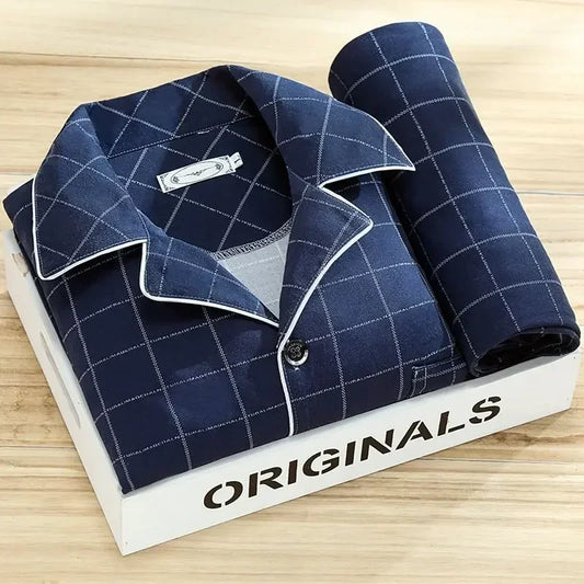 Men's Pajamas Long-Sleeved 2PCS Set Cardigan Plaid Top Trousers Nightwear