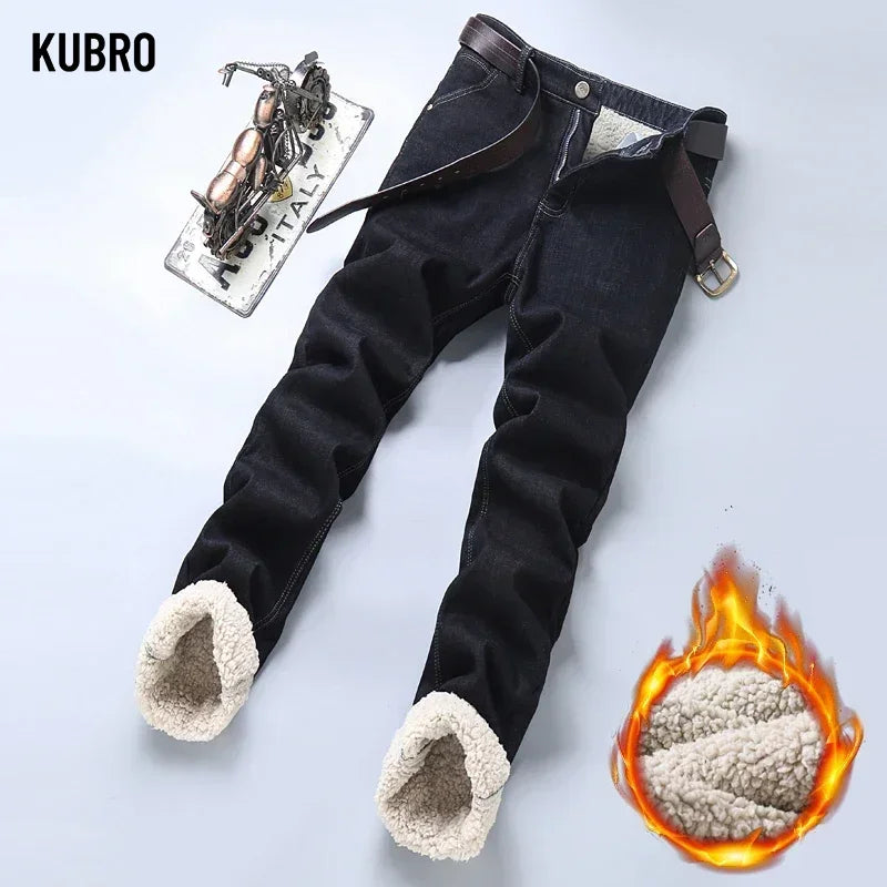 Brand Winter Warm Fleece Jeans Men's Thick Thermal Casual Straight Denim Pants Male Business Work Stretch Trousers