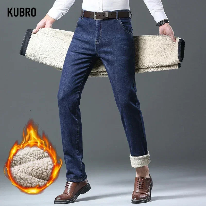 Brand Winter Warm Fleece Jeans Men's Thick Thermal Casual Straight Denim Pants Male Business Work Stretch Trousers