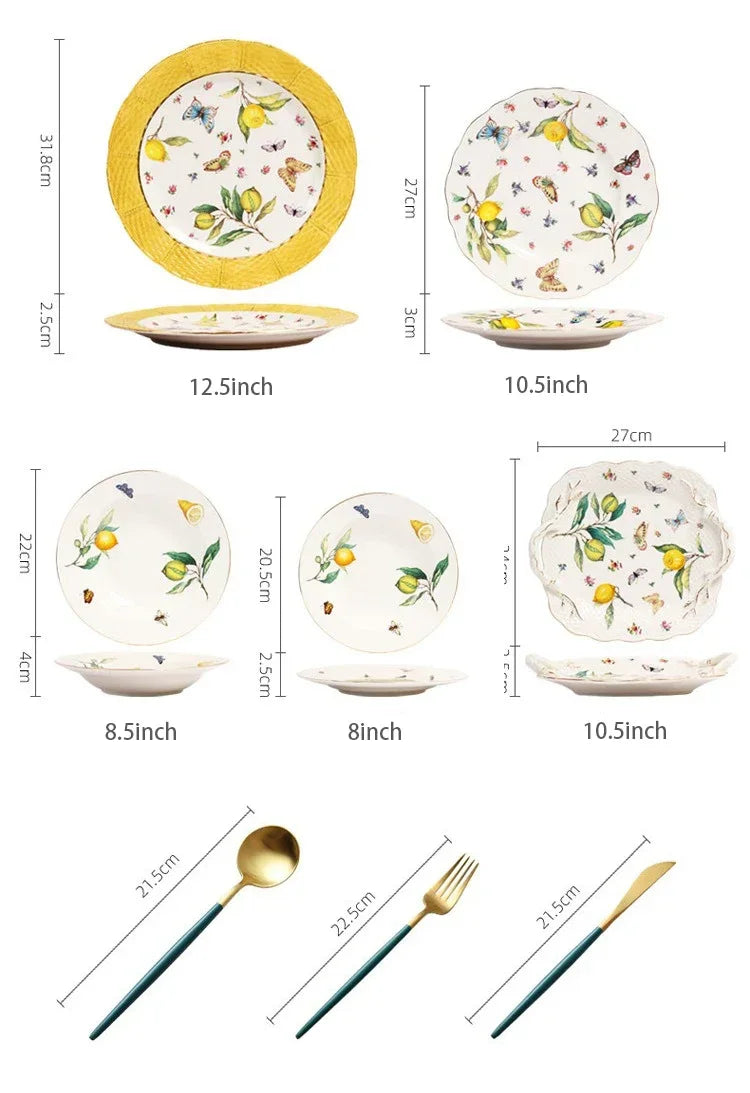Europeanc Style Ceramic Dining Plate Elegant Lemon Pattern Dinner Steak Plate Coffee Cup Set Western Cuisine Dessert Plate