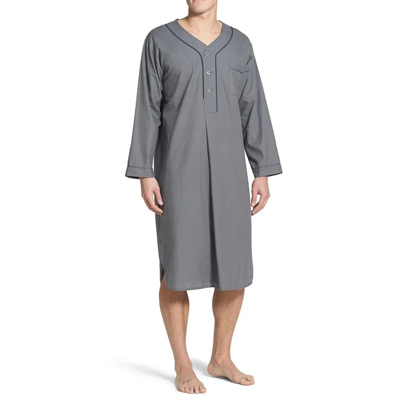 Men's Casual Long Sleeve V-neck Comfortable Pajamas Loose Fit Solid Nightgown