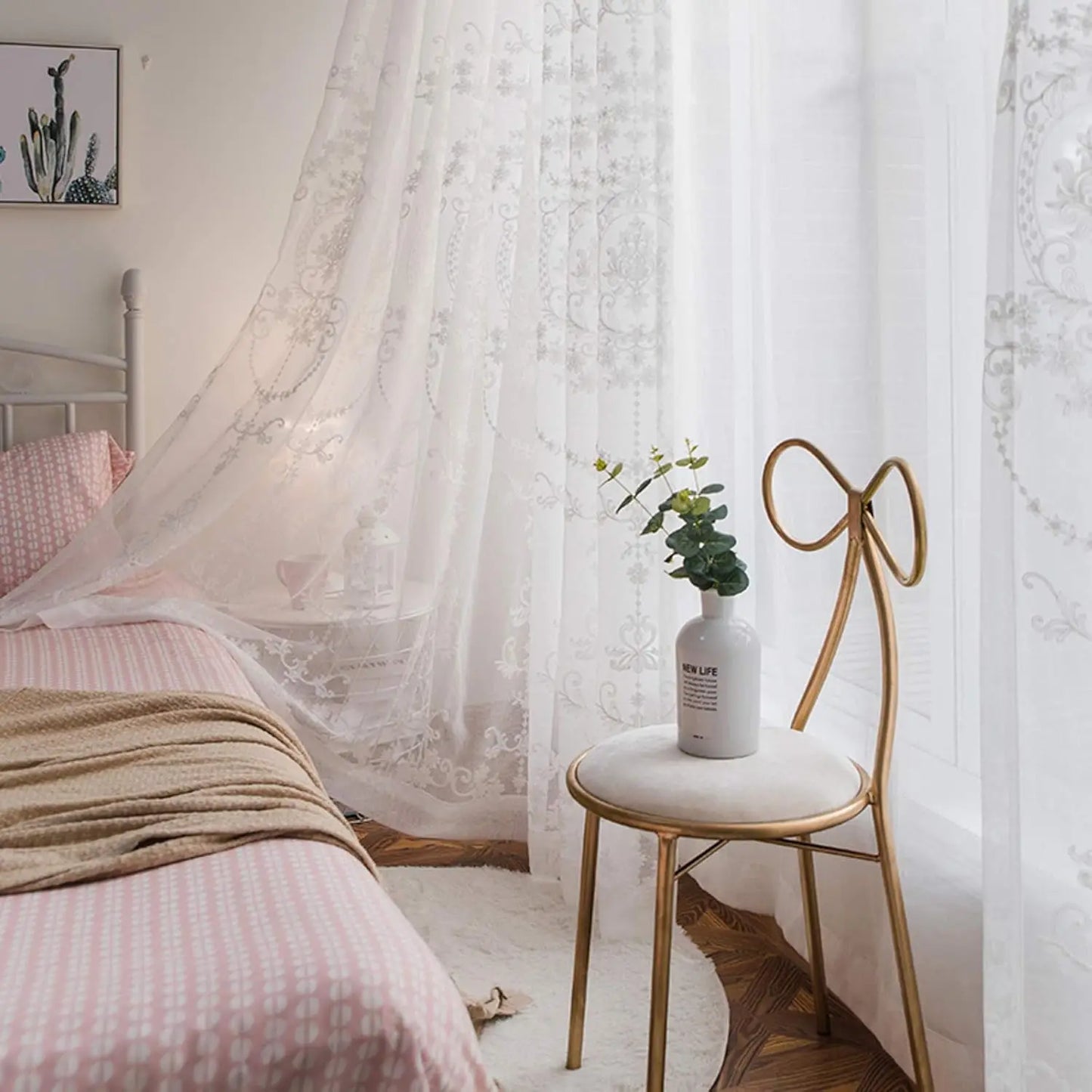 White Floral European Style Tulle Sheer Curtain Embroidered Window Curtains