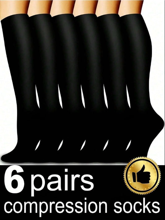 6 Pairs of Compression Socks - Unisex Knee-High Design with Soft & Lightweight Fabric, Low-Pressure Support for Nurses, Running,