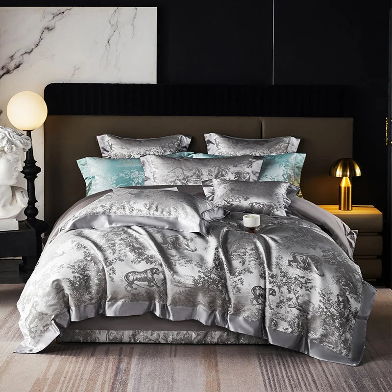 4/6Pcs Luxury Beige Gold Brocade Jacquard Egyptian Cotton Bedding Set Duvet Cover Flat/Fitted Bed Sheet Pillowcases