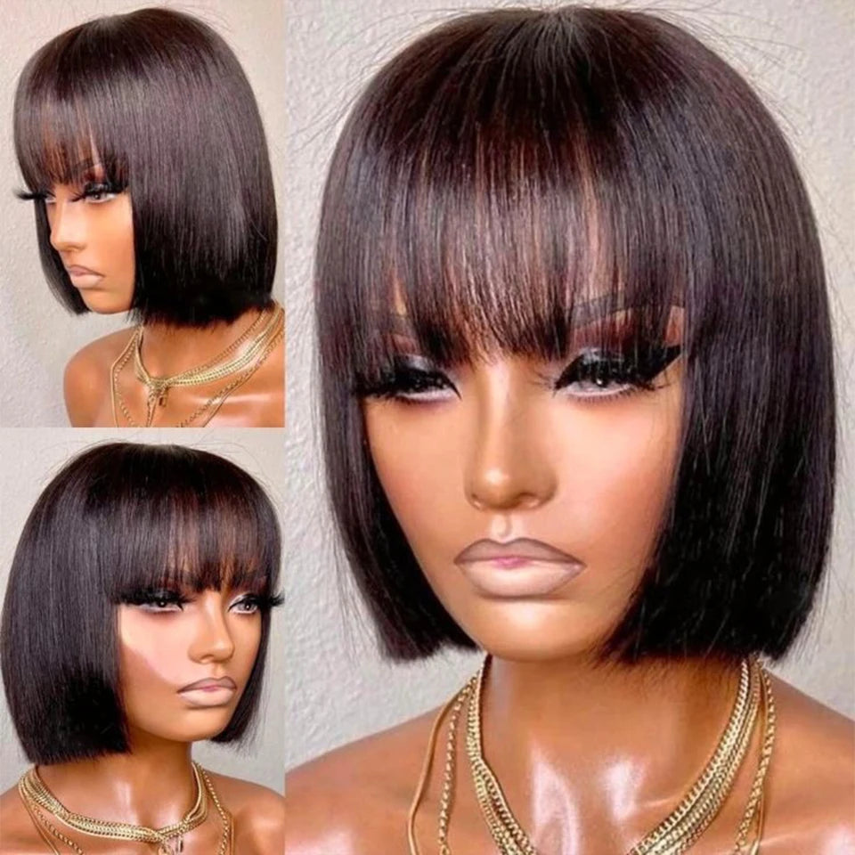 Brazilian Human Hair Wig with Bangs Straight Hair Women 8-16 Inches No Lace Bob Wigs