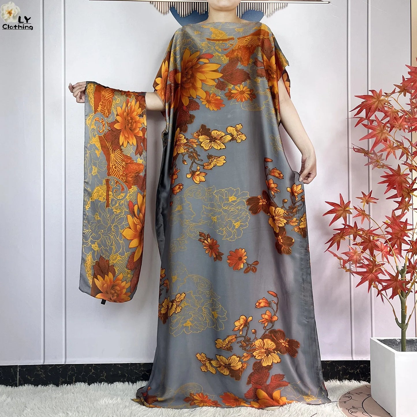 Women Printed Silk Soft Loose Maxi Party Dresses With Belt Turban