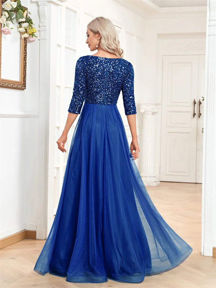 Luxury Floor Length V-Neck Evening Dress Party Maxi Dress Sequin Short Sleeves Prom Cocktail Gown