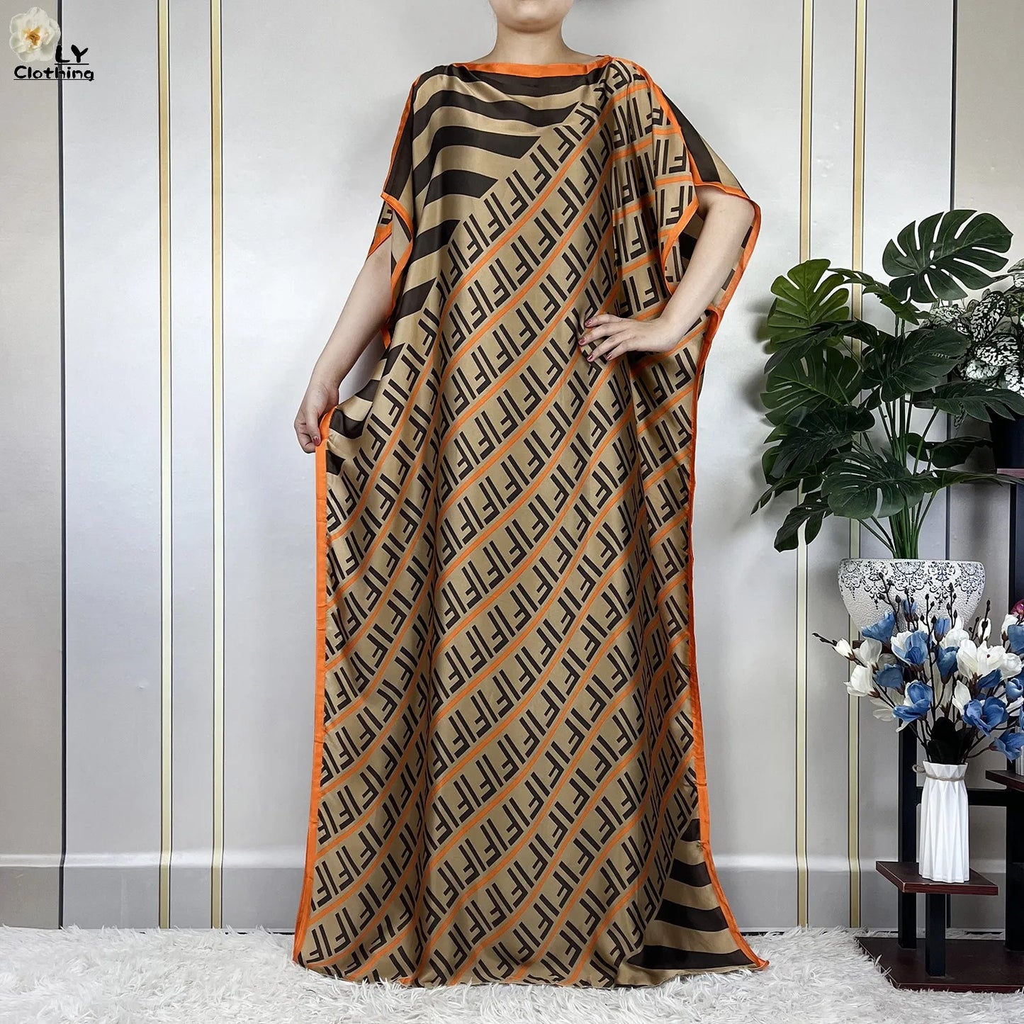 Women Printed Silk Soft Loose Maxi Party Dresses With Belt Turban
