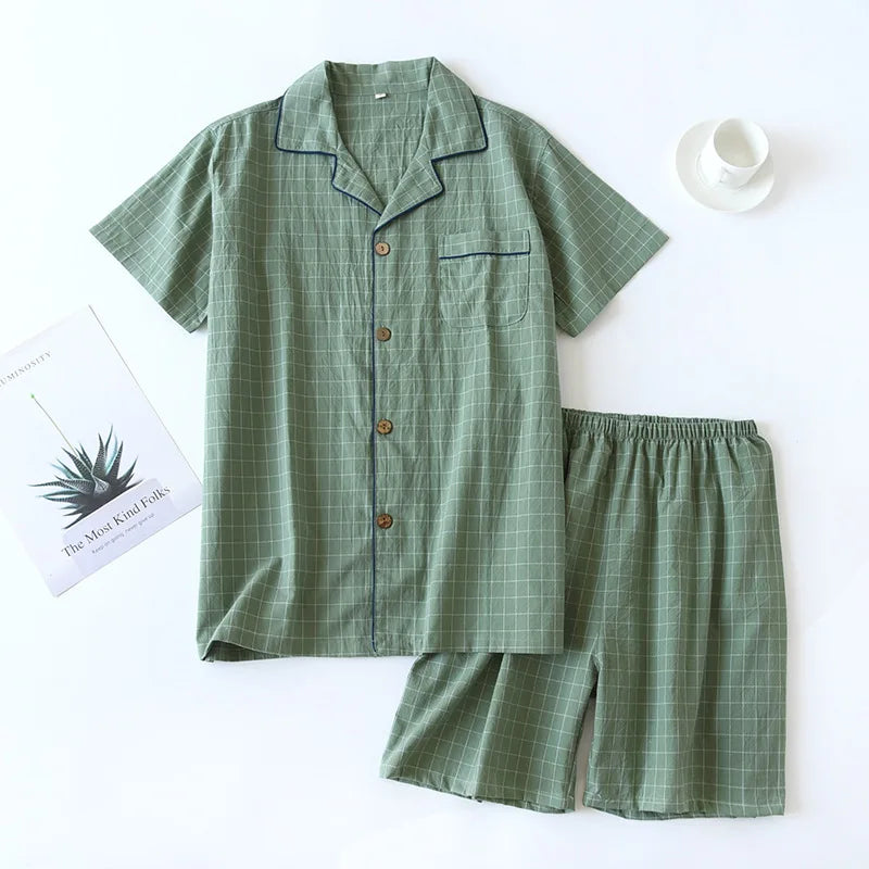 Men's Pajamas Summer Thin Short-sleeved Shorts Cotton Plaid