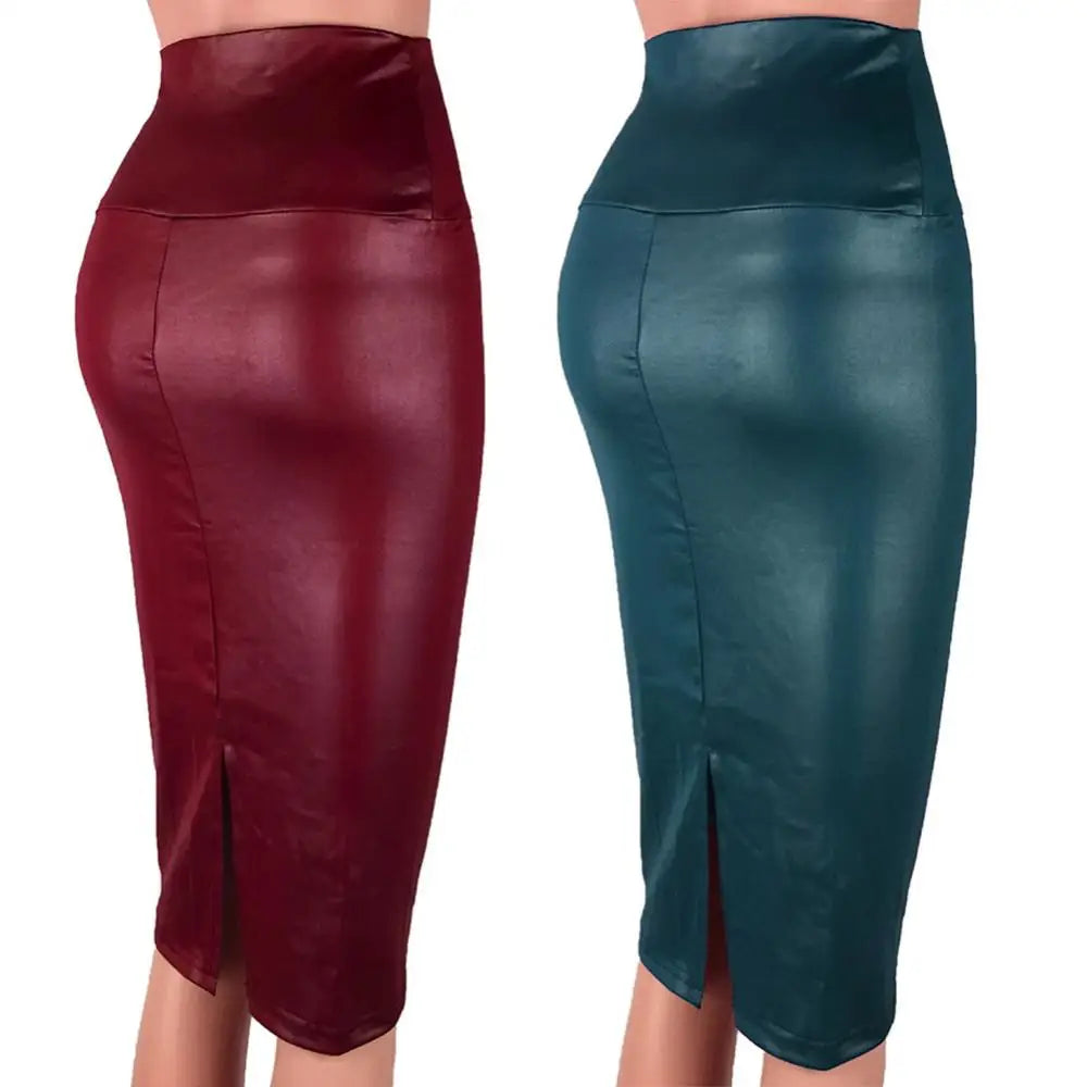 Elegant High Waist Split Faux Women Leather Pencil Skirt Knee Length