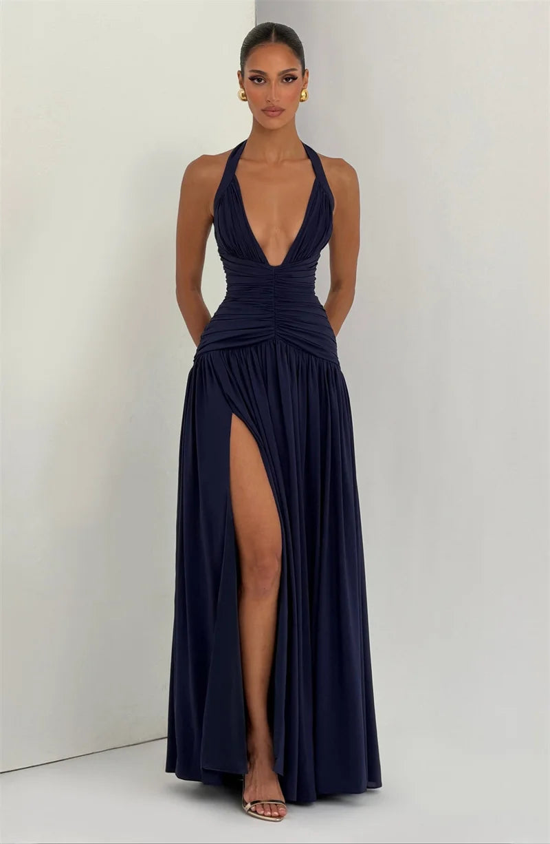 Elegant Halter Deep V Neck Sexy Maxi Women Dress Off-shoulder Sleeveless